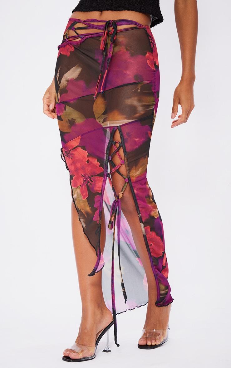 Multi Printed Mesh Asymmetric Hem Maxi Skirt Product Image