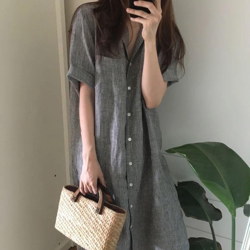 Short-Sleeve Striped Midi Shirt Dress Product Image