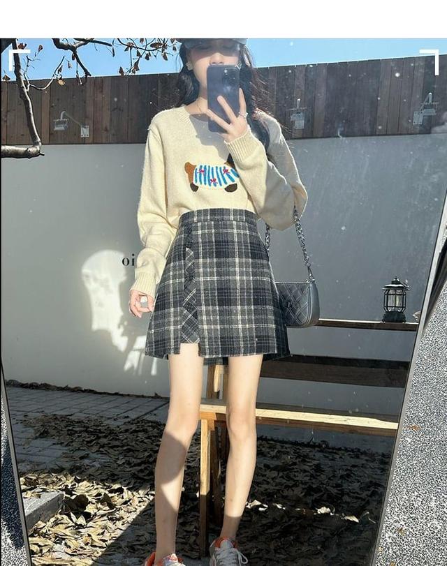 High Waist Plaid Asymmetrical Panel Mini A-Line Skirt Product Image