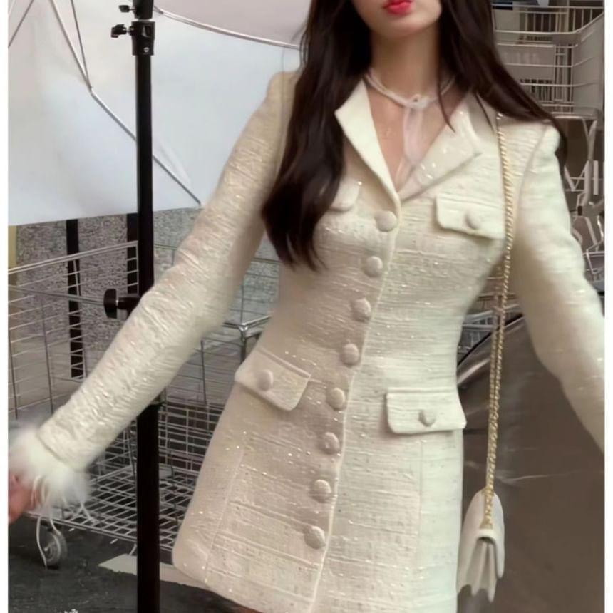 Long-Sleeve Fluffy Trim Tweed Sequined Button-Up Mini Blazer Dress product image