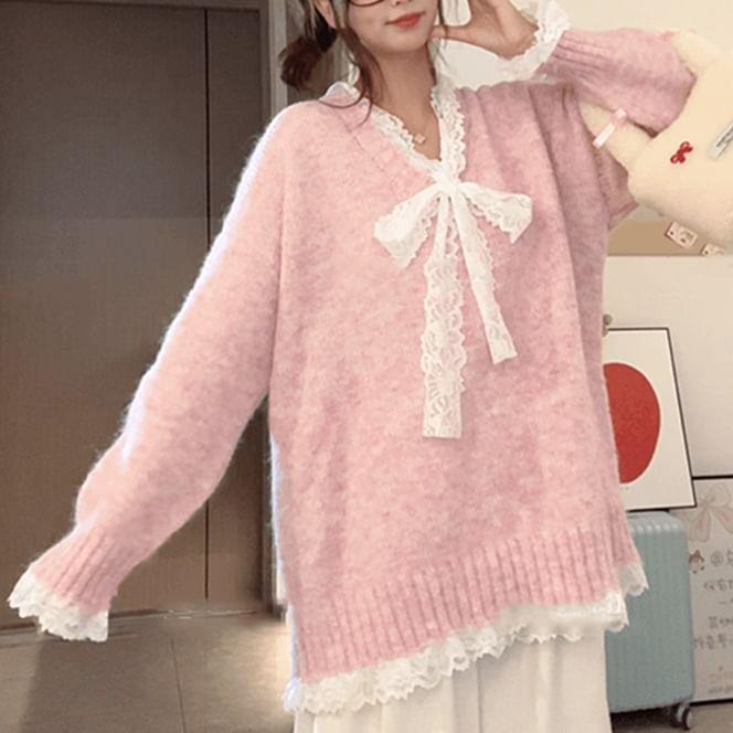 V-Neck Lace Trim Sweater Product Image