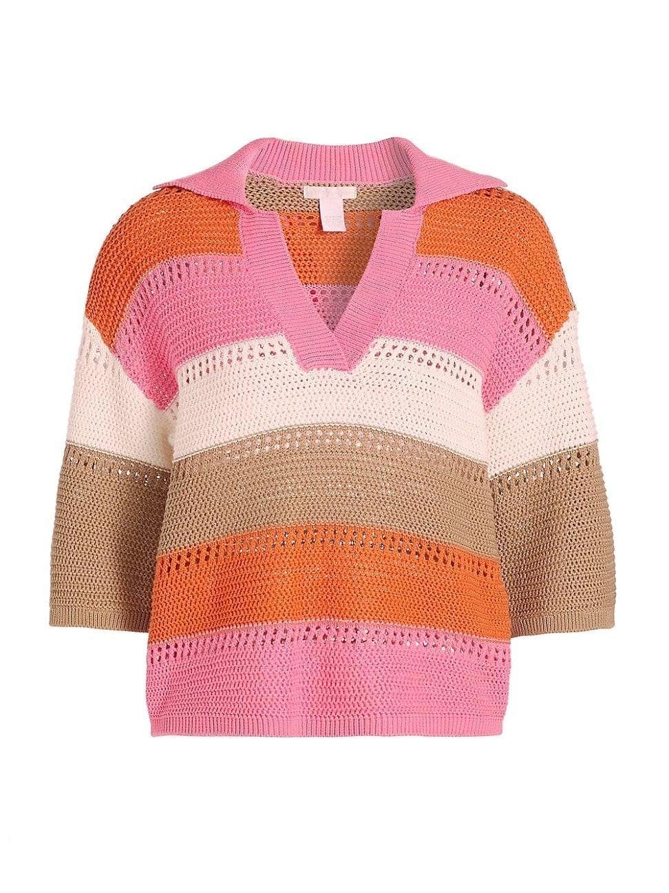 Womens Striped Crochet Polo Sweater Product Image