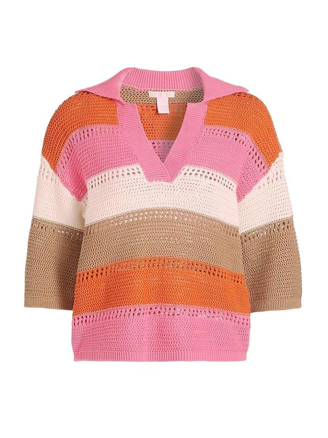 Womens Striped Crochet Polo Sweater Product Image