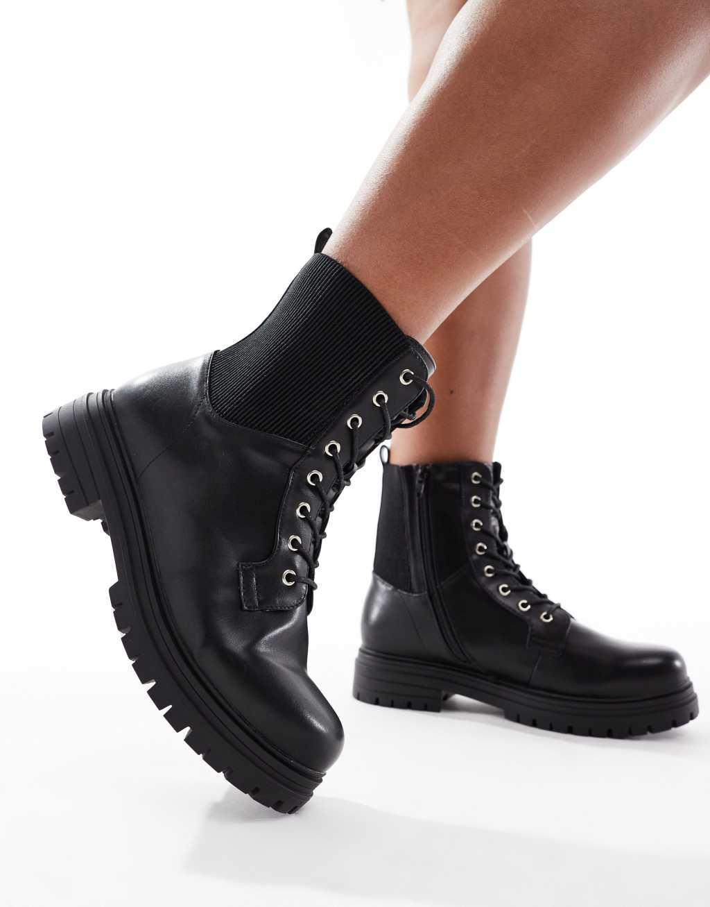 Yours lace up chunky ankle boots in black Product Image