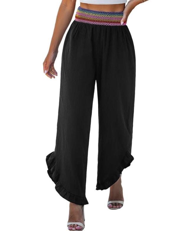 Cupshe Womens Black Rainbow Waist Asymmetrical Ruffle Pants Product Image