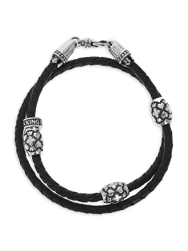 Mens Wraparound Sterling Silver & Woven Leather Bracelet Product Image