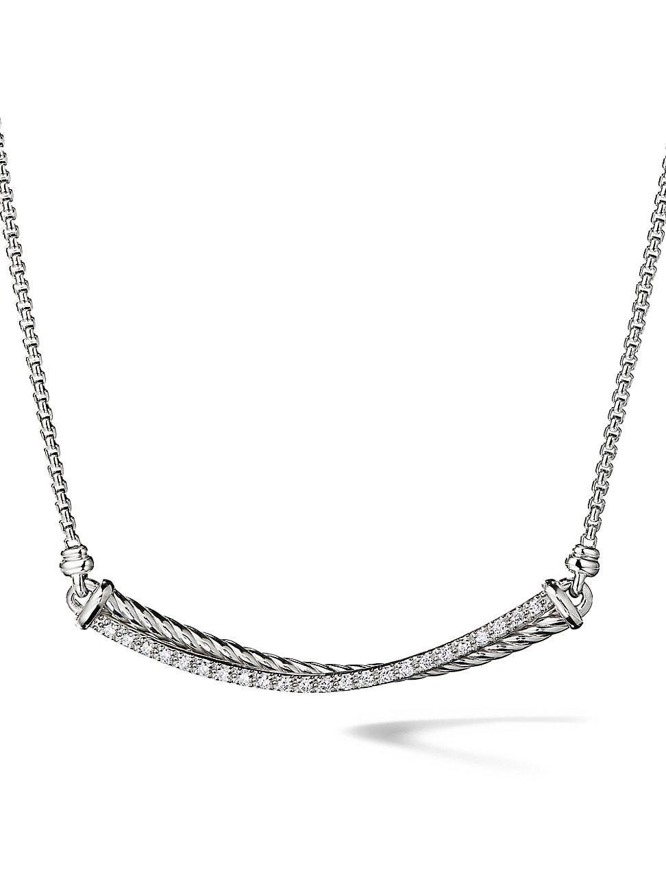 Womens Crossover Sterling Silver & Pav Diamond Bar Necklace Product Image