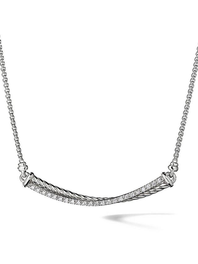 Womens Crossover Sterling Silver & Pav Diamond Bar Necklace Product Image