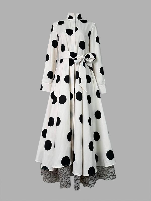 A-Line High Waisted Belted Lace-Up Pockets Polka Dot Split-Joint Stand Collar Maxi Dresses Product Image