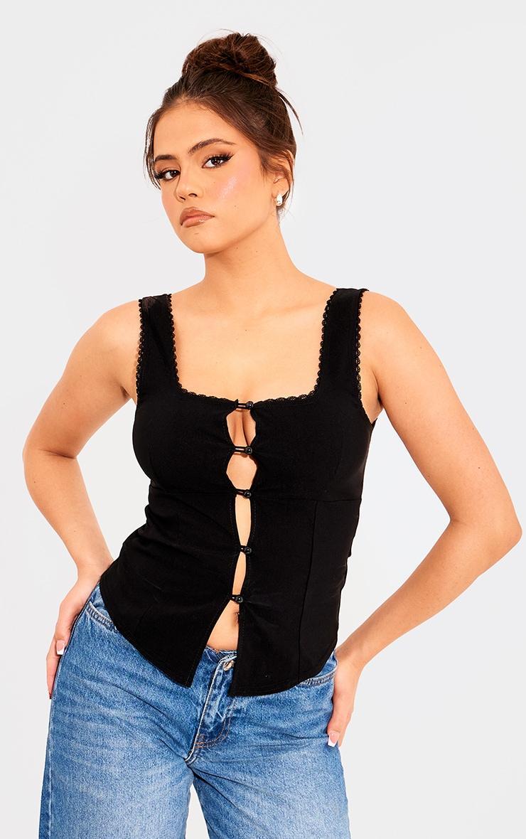 Black Stretch Woven Split Hem Scallop Edge Top product image