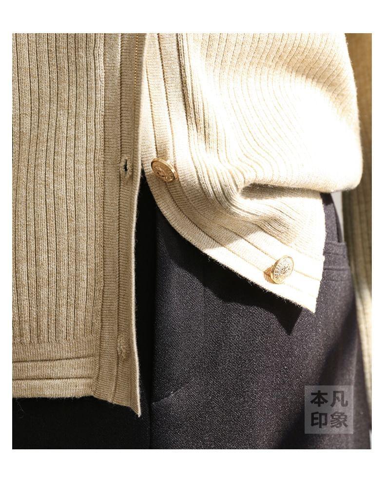 Round Neck Plain Ribbed Cardigan Product Image