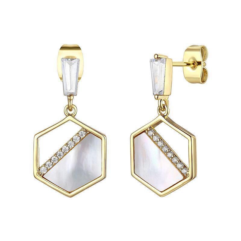 14k Gold Plated Mother of Pearl & Cubic Zirconia Hexagon Drop Earrings, Womens, Gold Tone Product Image