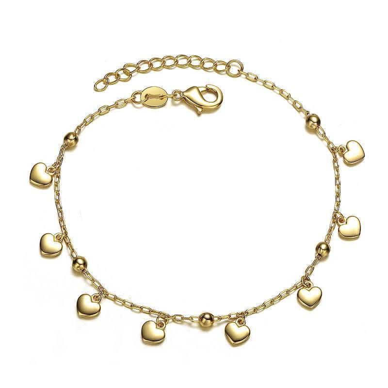 14k Gold Plated Beaded Heart Charm Station Bracelet, Womens Gold Tone Product Image