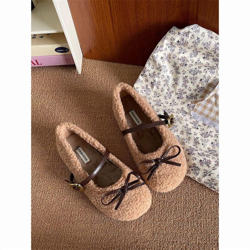 Round Toe Bow Fleece Mary Jane Flats Product Image