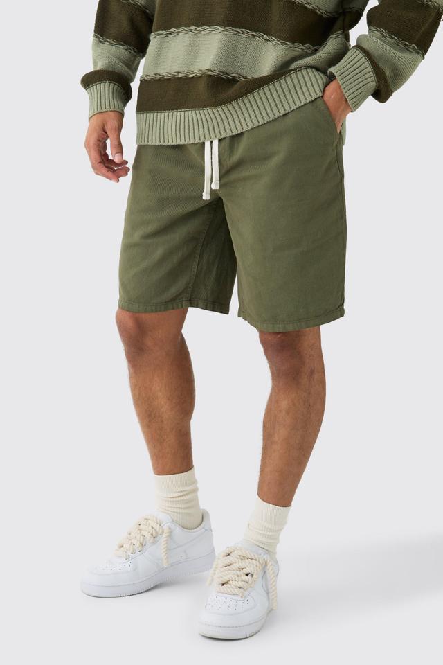 Mens Green Elasticated Waist Drawcord Detail Relaxed Fit Shorts In Khaki, Green Product Image