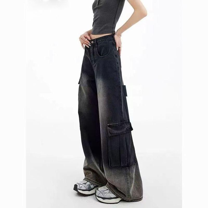 High Rise Gradient Washed Wide Leg Cargo Jeans Product Image