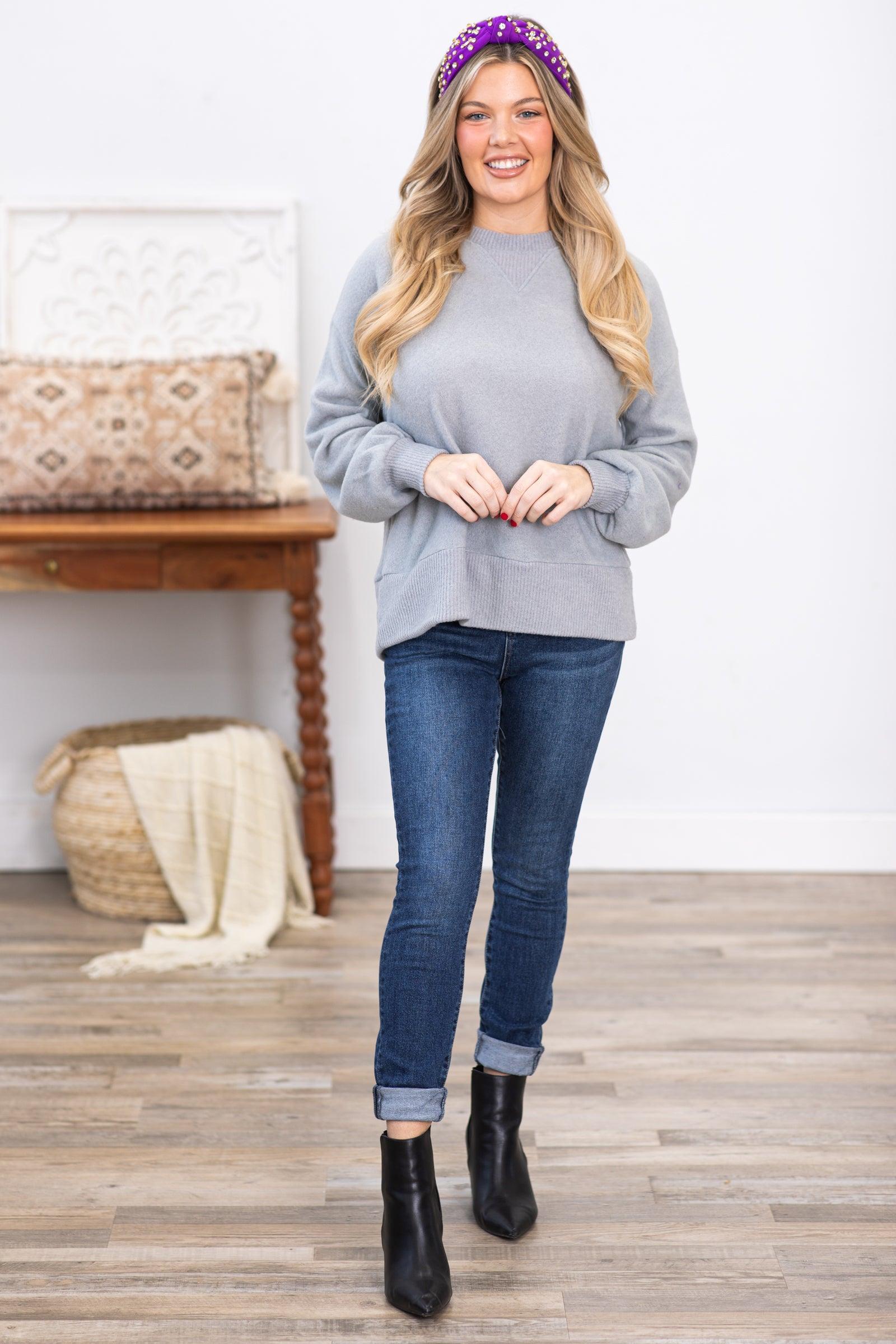 Grey Long Sleeve Contrast Rib Knit Top Product Image