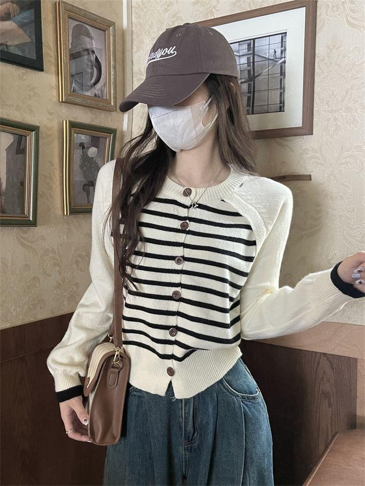 Crew Neck Striped Raglan Button-Up Cardigan Product Image