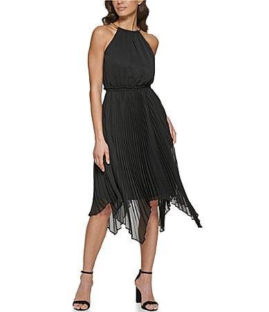 Kensie Womens Asymmetric Pleated Chiffon Dress - Black Product Image