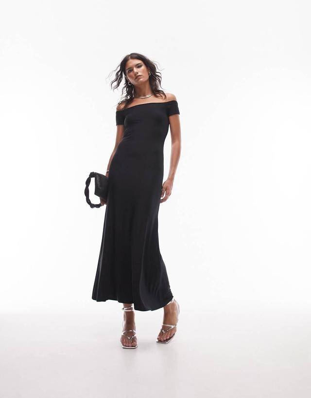 Topshop super soft shaping bardot maxi dress in black Product Image