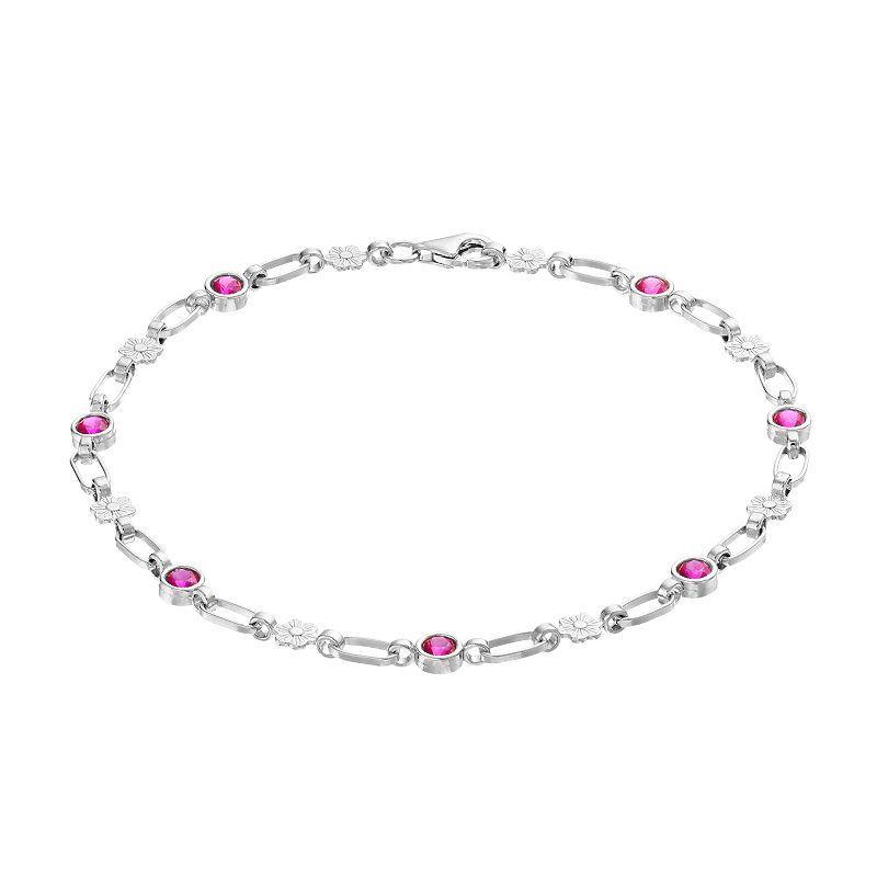 Kristen Kesho Sterling Silver Lab-Created Ruby Flower Link Bracelet, Womens Grey Product Image