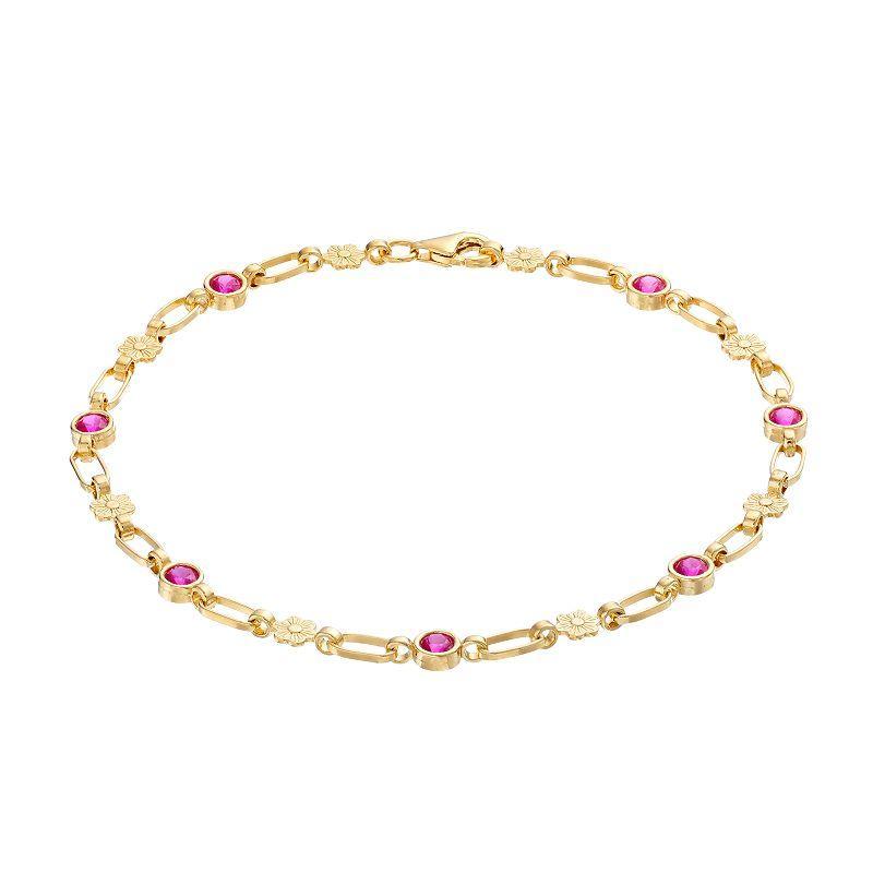 Kristen Kesho Sterling Silver Lab-Created Ruby Flower Link Bracelet, Womens Gold Tone Product Image