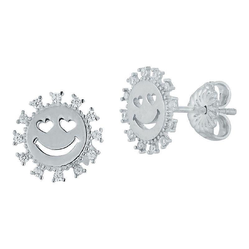 Sunkissed Sterling 14k Gold Over Silver Cubic Zirconia Smiley Face Stud Earrings, Womens, White Product Image