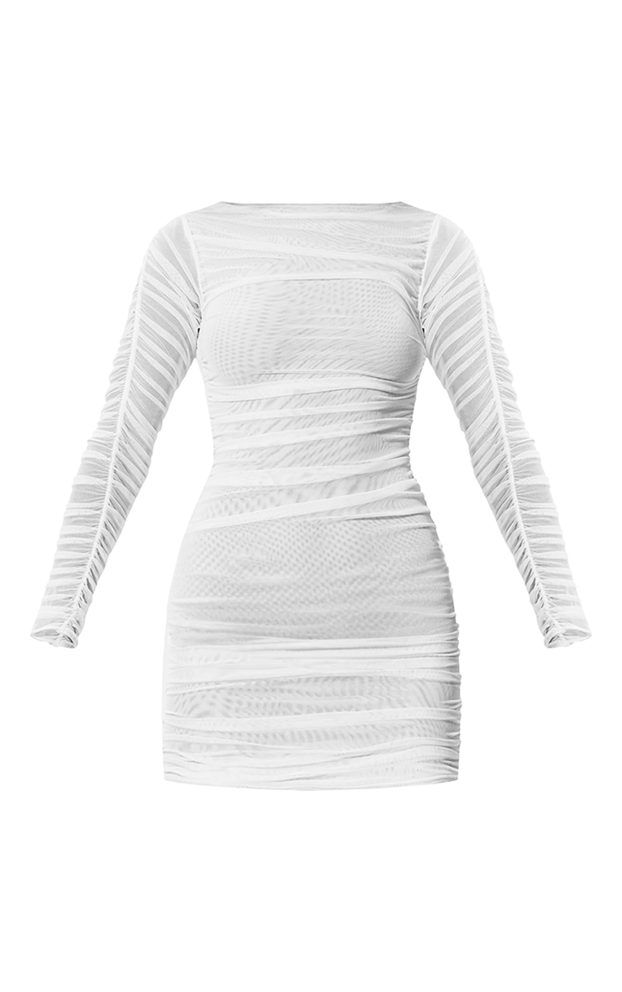 Premium White Double Layer Mesh Ruched Long Sleeve Bodycon Dress Product Image