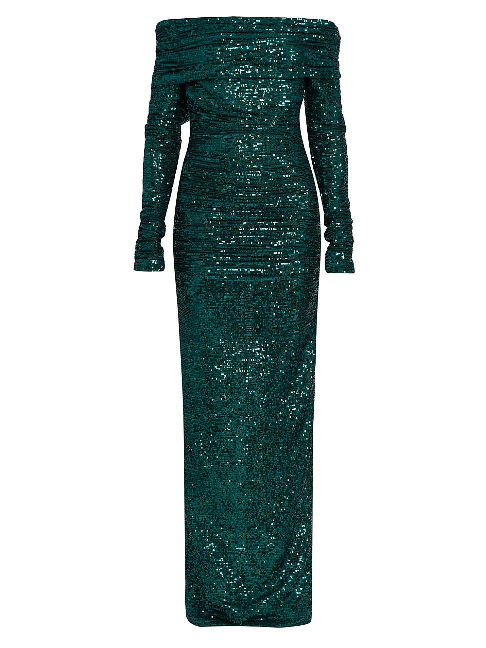 Womens Sequined Off-the-Shoulder Column Gown Product Image