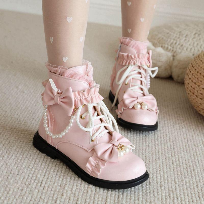 Bow Ruffle Lace Up Short Boots Product Image