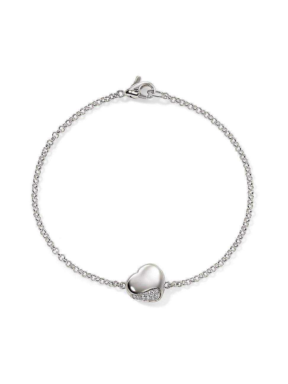 Womens Pebble Sterling Silver & 0.07 TCW Diamond Heart Charm Bracelet Product Image