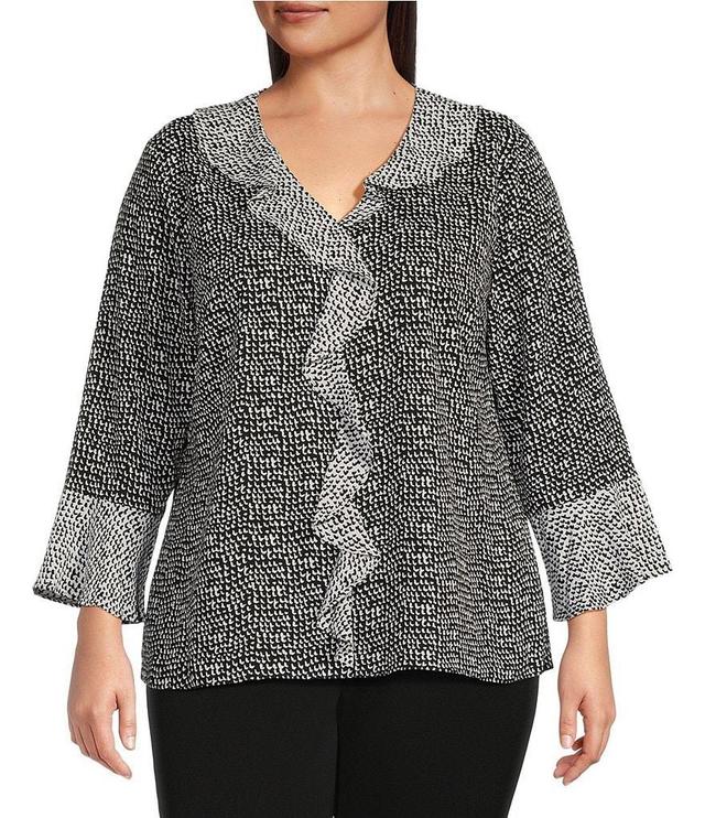 Investments Plus Size Riley Woven Shadow Check Cascading Ruffled V-Neck 3/4 Sleeve Top Product Image