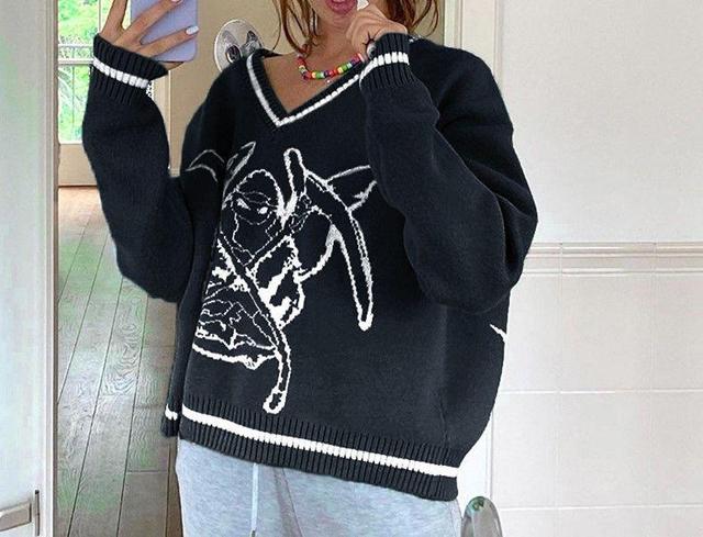 V-Neck Print Oversized Sweater Product Image