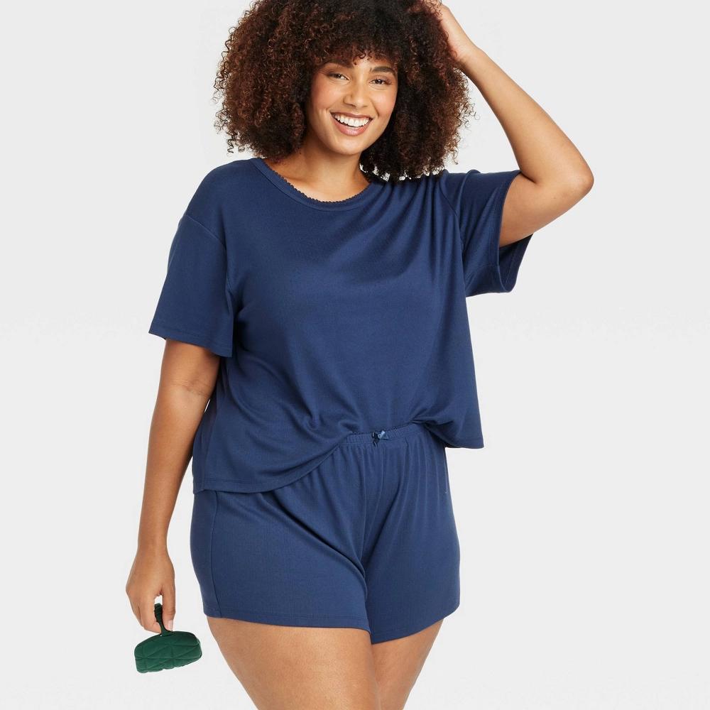 Women's Pointelle Short Sleeve Top and Shorts Pajama Set - Auden™ Navy Blue 1X Product Image