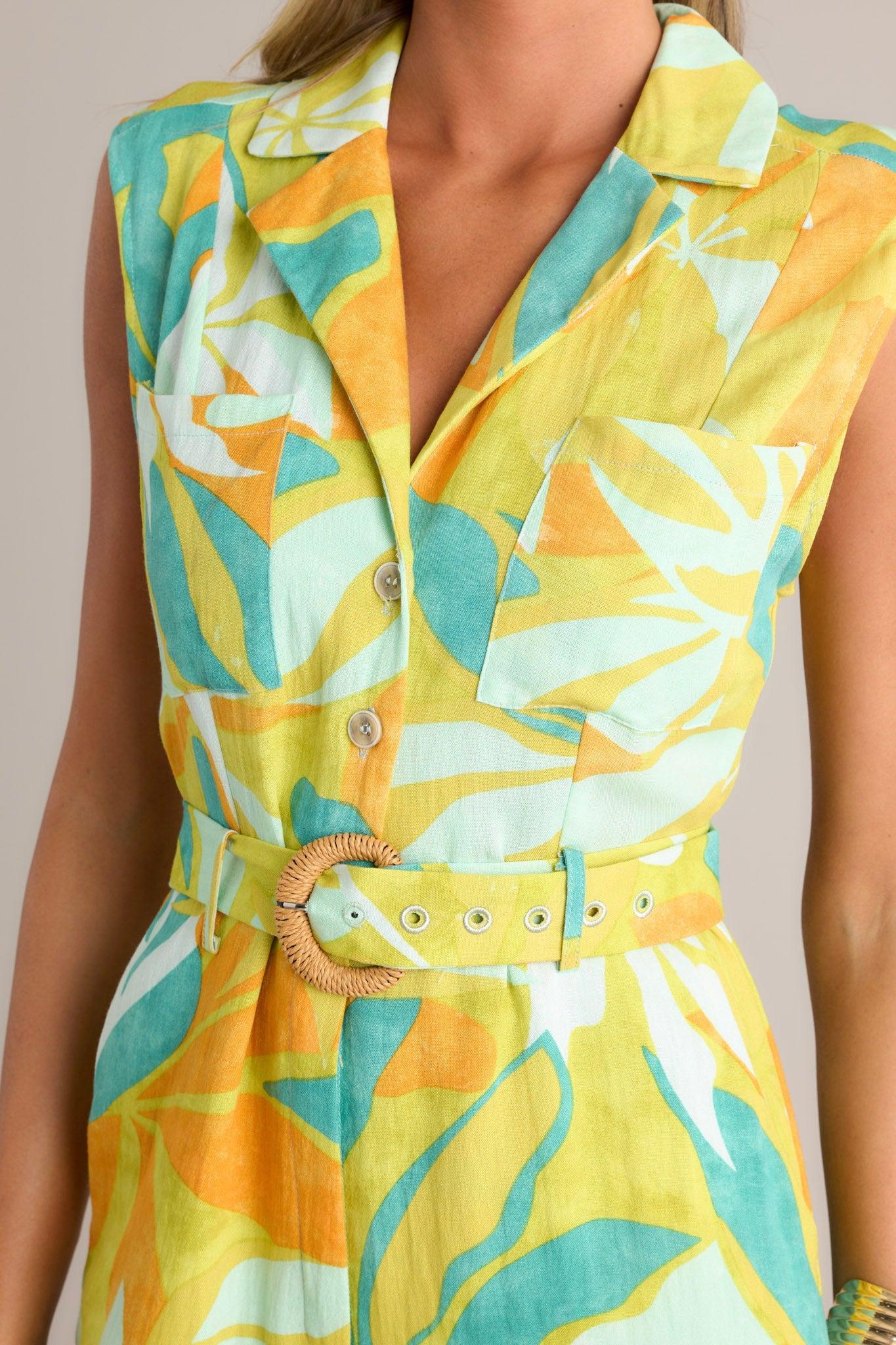 Sunset Glow Lime Green Tropical Print Belted Jumpsuit Product Image