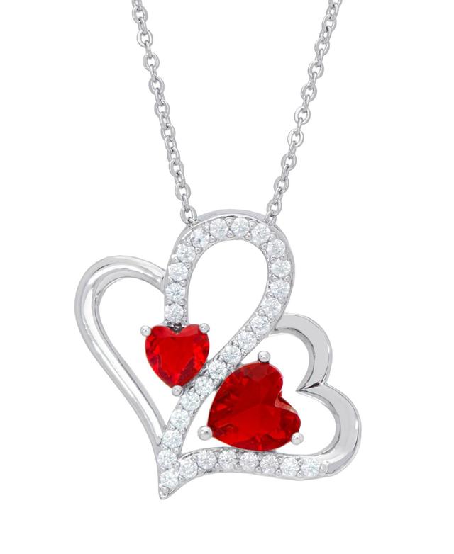 Womens Fine Silver Plated Simulated Ruby Cubic Zirconia Double Heart Pendant Necklace Product Image