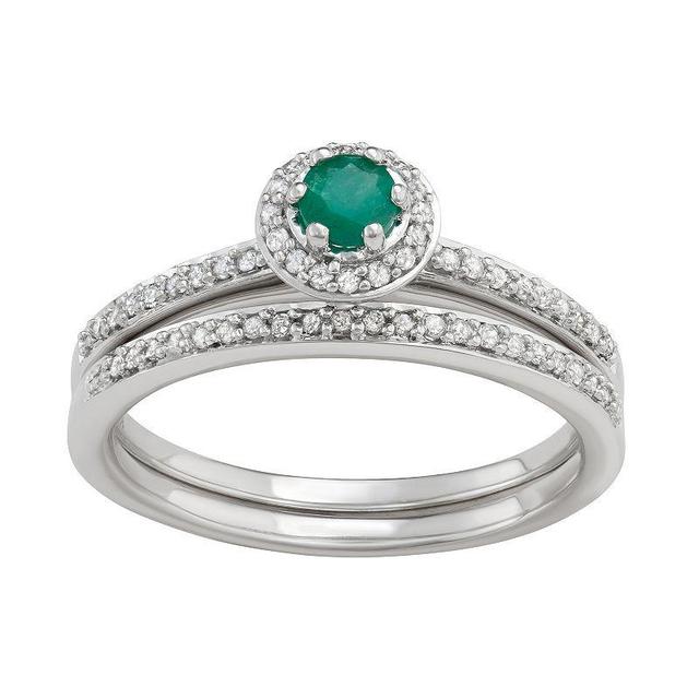 10k White Gold 1/3 Carat T.W. Diamond & Gemstone Halo Engagement Ring Set, Womens Green Product Image