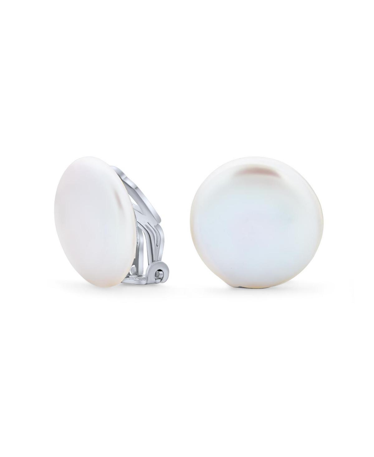 Bling Jewelry White Biwa Coin Freshwater Cultured Pearl Clip On Earrings For Women Non Pierced Ear Sterling Silver Product Image