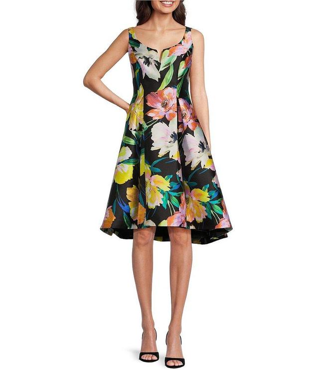 Adrianna Papell Mikado Floral Print Notch Scoop Neck Sleeveless High-Low Hem Fit and Flare Dress Product Image