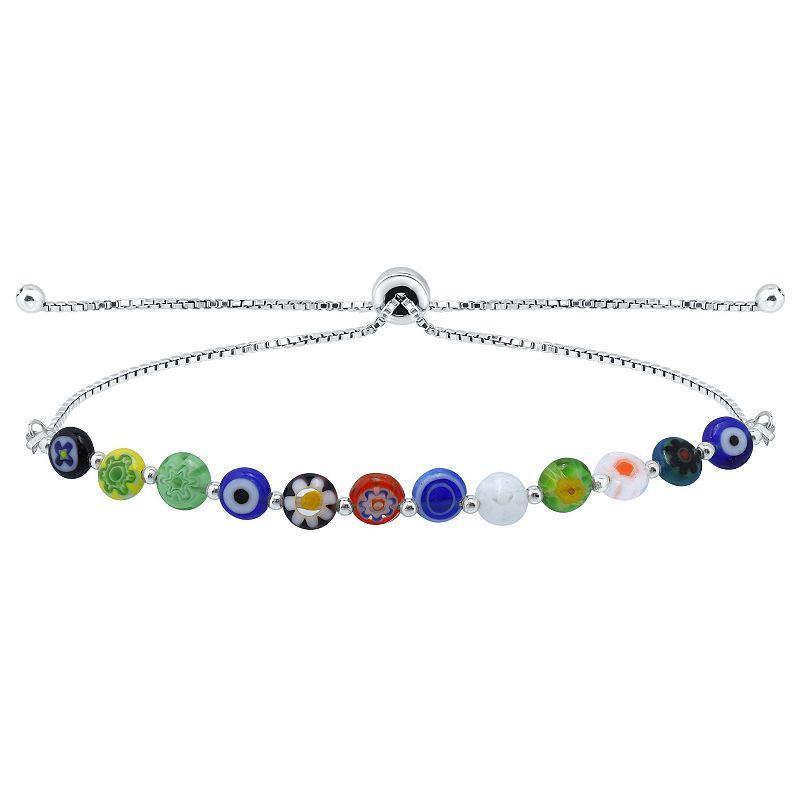 Aleure Precioso Sterling Silver Multi Blue Color Glass Bead Adjustable Bracelet, Womens Multicolor Product Image