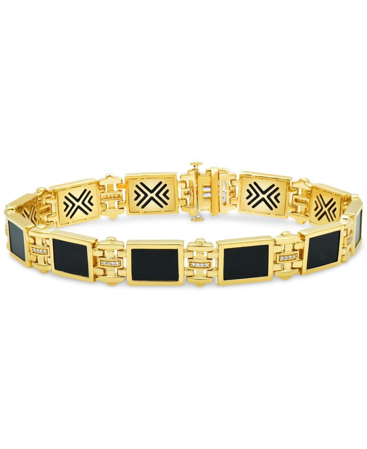 Mens Onyx & Diamond (1/10 ct. t.w.) Link Bracelet in 18k Gold-Plated Sterling Silver Product Image