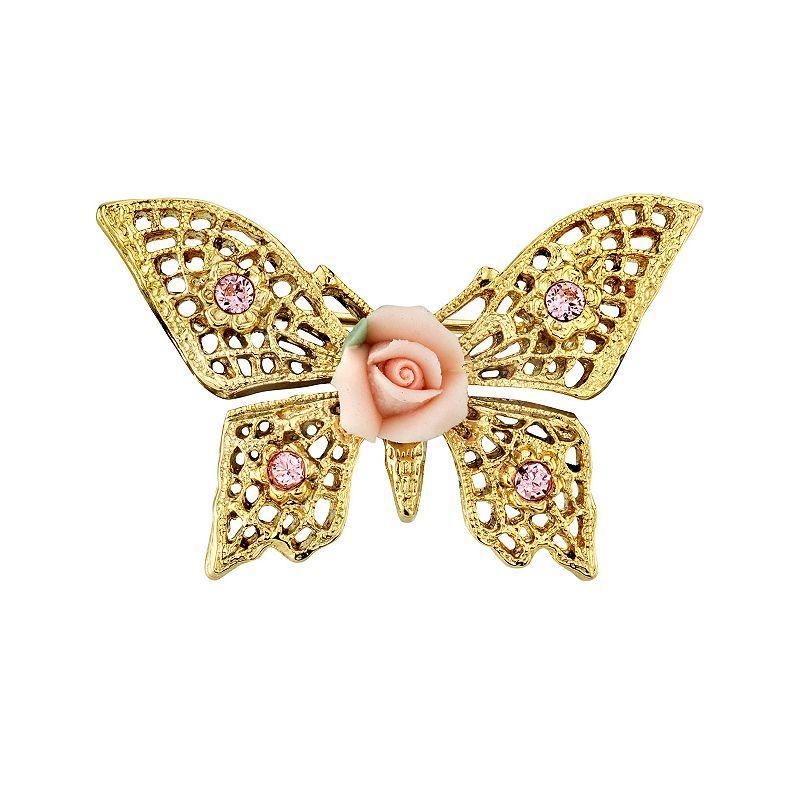 1928 Porcelain Rose Butterfly Pin, Womens, Pink Product Image