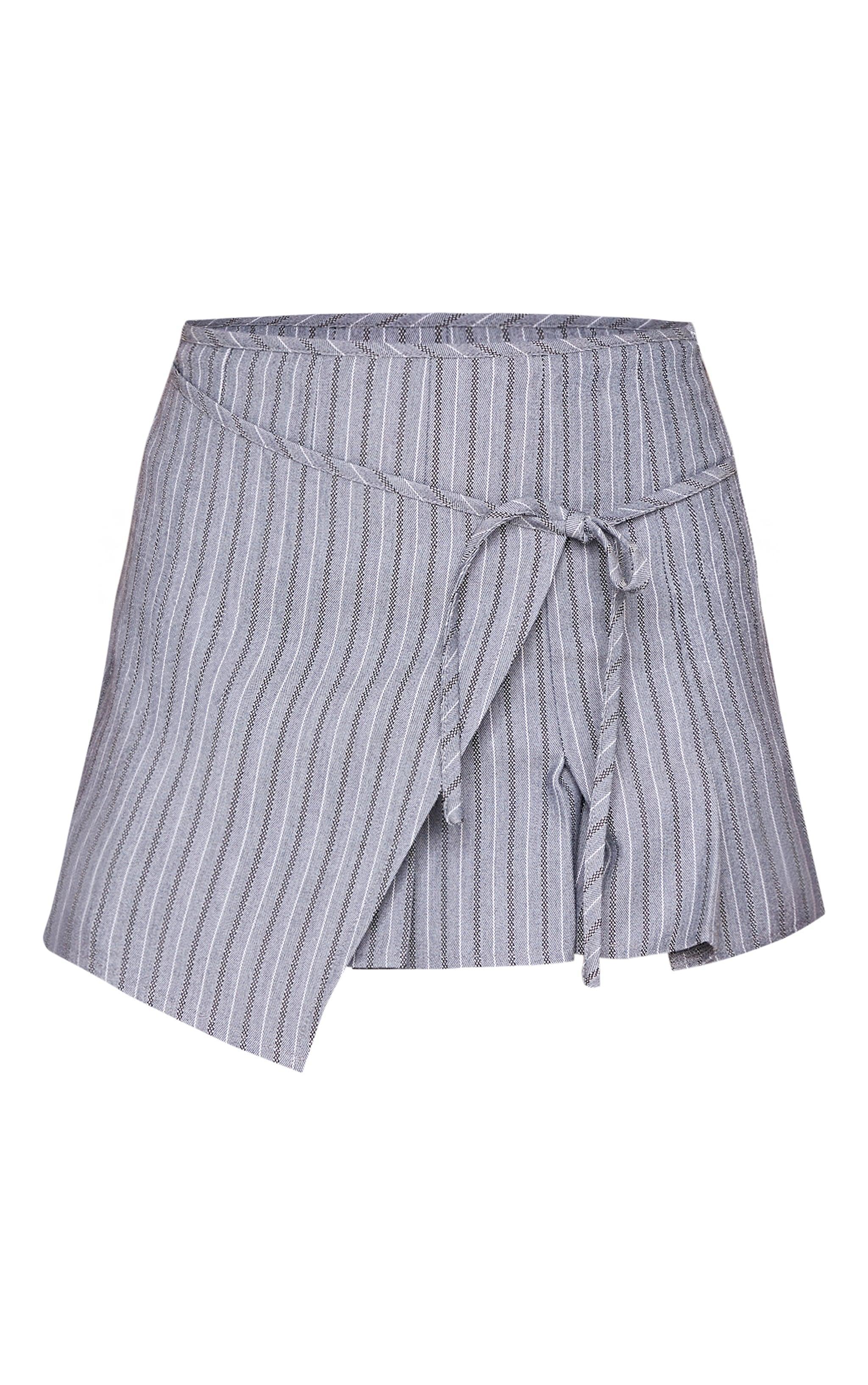 Grey Striped Wrap Tie Detail Pleated Skort Product Image