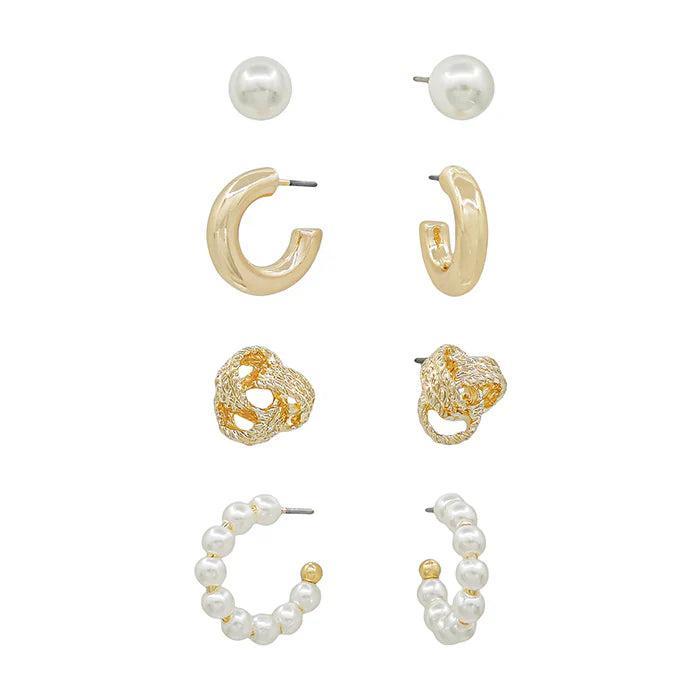 Pearl Stud and Gold Stud/Hoop Set of 4 Earrings Product Image