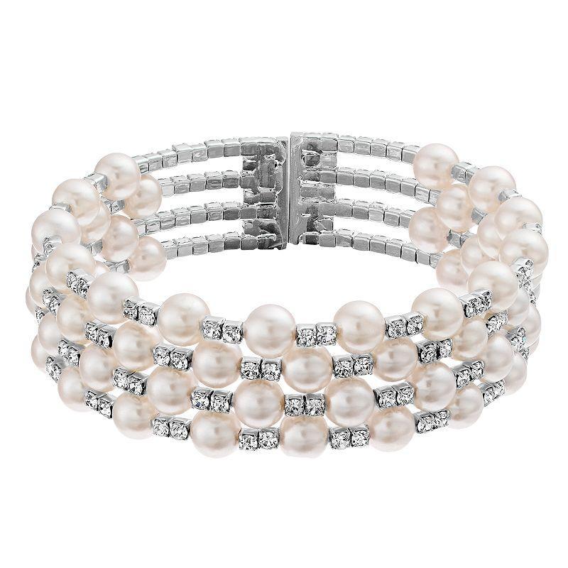 Vieste Four Row Crystal & Pearl Nickel Free Cuff Bracelet, Womens, Silver Tone Product Image