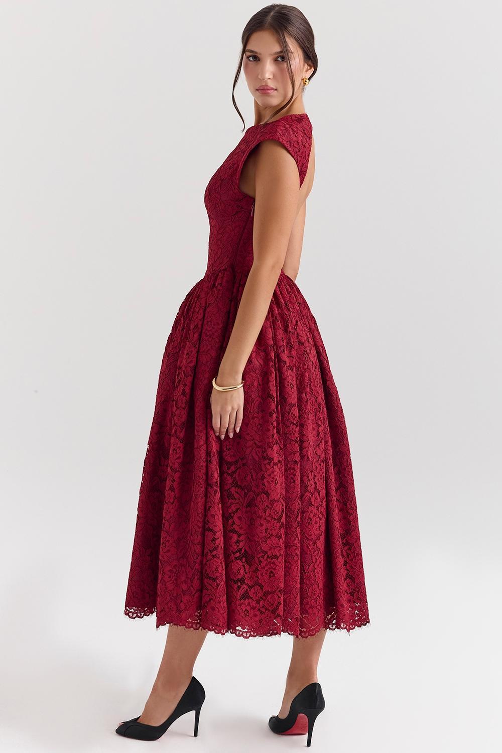 Debutante Berry Lace Backless Midi Dress Product Image