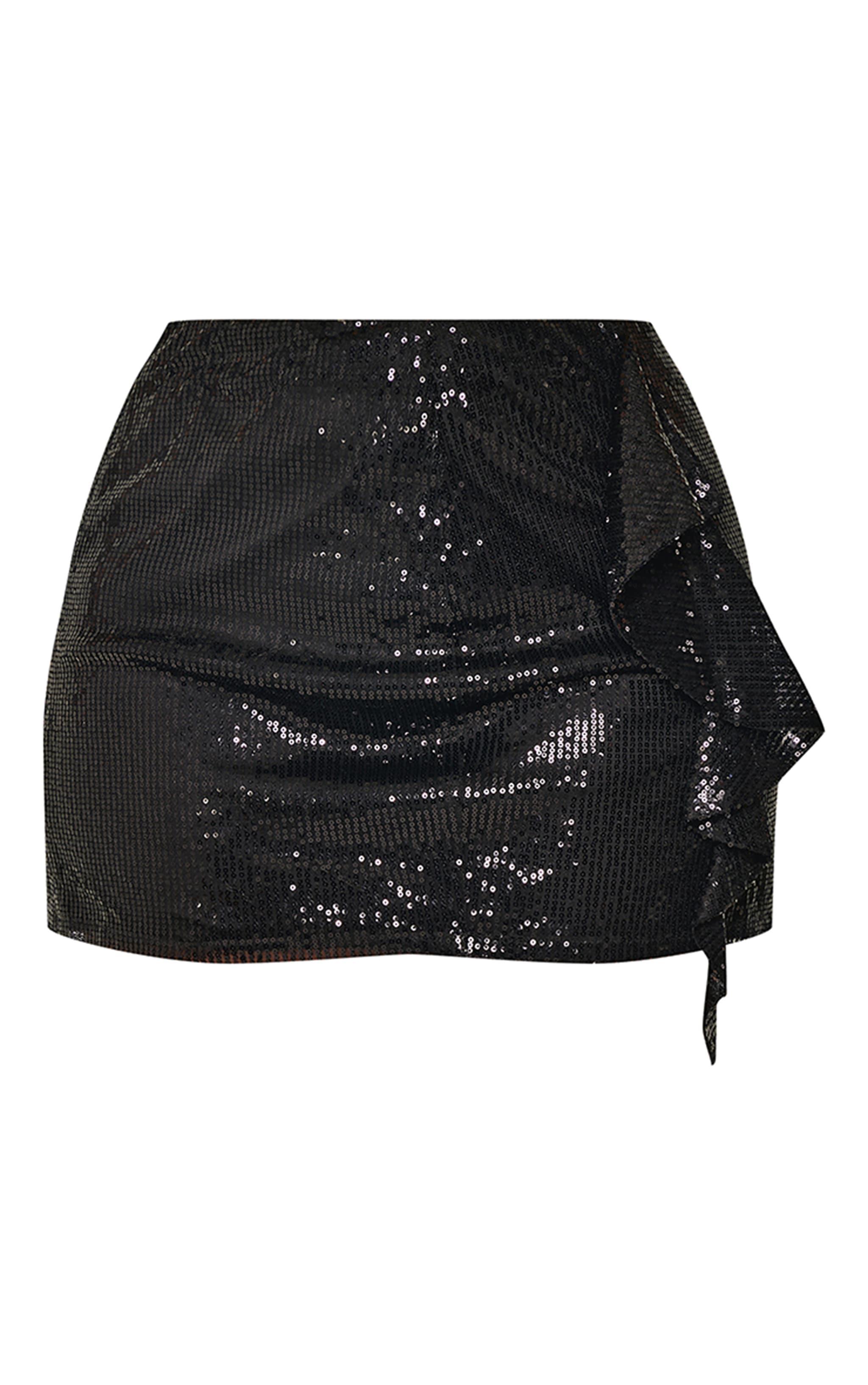 Plus Black Sequin Frill Detail Mini Skirt Product Image