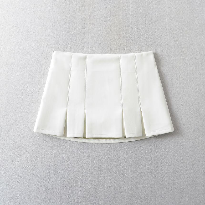 Low Rise Faux Leather Pleated Mini A-Line Skirt Product Image