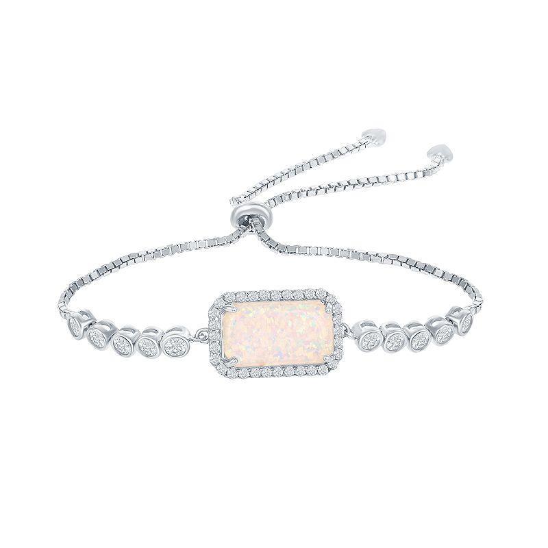 Sterling Silver White Opal Cubic Zirconia Border Bracelet, Womens Product Image