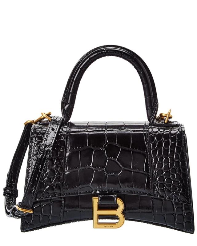 Hourglass Xs Croc-effect Leather Tote In Black Product Image